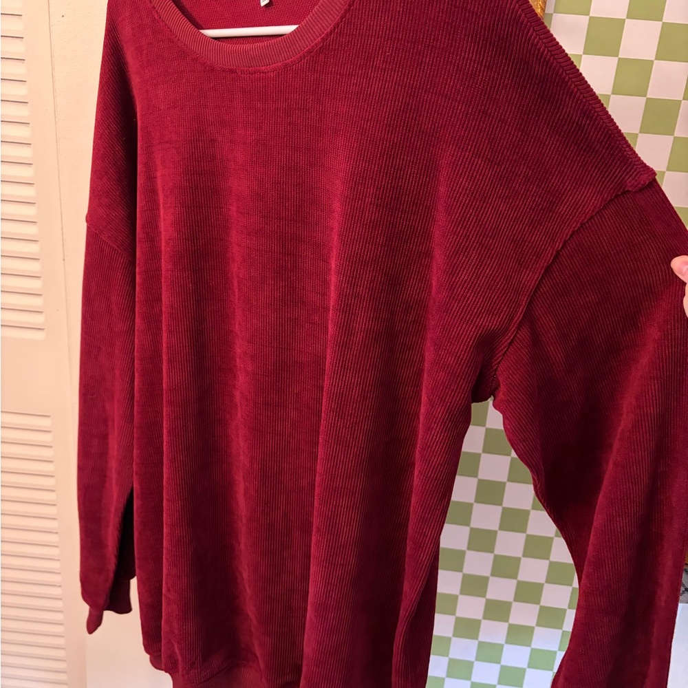 Corduroy Long Sleeve Crewneck Sweater - Burgundy